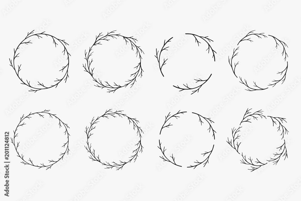 Set of hand drawn vector wreaths. Decorative frames with bare tree branches and twigs