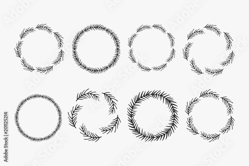 Hand drawn vector wreaths. Round frames with spruce and pine branches for winter season design