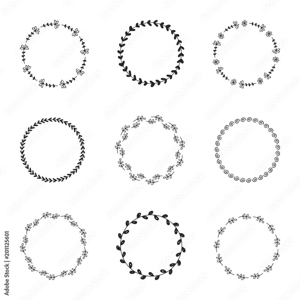 Hand drawn doodle wreath set. Collection of cute round frames for posters, cards and invitations