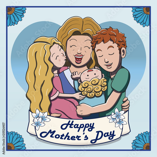 Vector illustration of a Happy Mother's Day Greeting Card, showing one mom being happily hugged by her three children. Vector file separated into different layers for easier editing.
