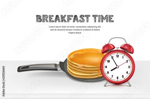 Vector realistic 3d illustration of pan with pancake and red alarm clock on white table. Design for breakfast menu, cafe, restaurant. Kitchen and cooking background.