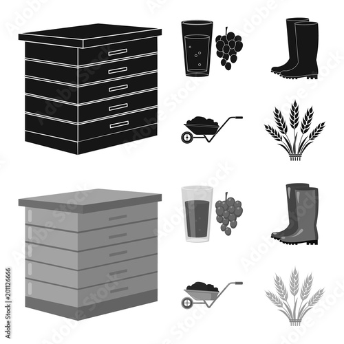 Hive, grapes, boots, wheelbarrow.Farm set collection icons in black,monochrom style vector symbol stock illustration web.