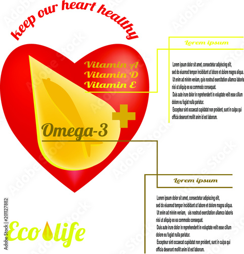 Template for advertising fish oil from ecologically clean sea waters, Omega-3 and vitamins A, D, E. Text - keep our heart healthy. Vector illustration on white background.