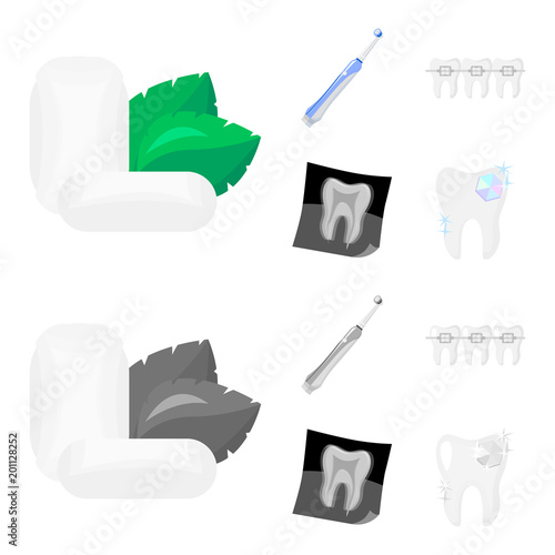 Mint chewing gum with mint leaves, toothbrush with bristles, bregettes with teeth, X-ray of the tooth. Dental care set collection icons in cartoon,monochrome style vector symbol stock illustration web