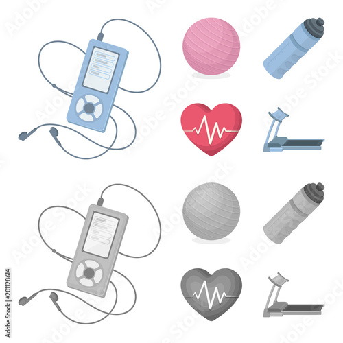 Player, a bottle of water and other equipment for training.Gym and workout set collection icons in cartoon,monochrome style vector symbol stock illustration web. photo