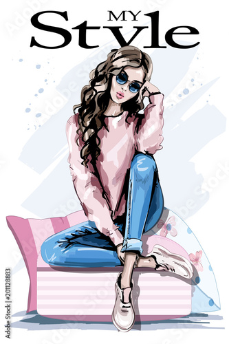 Dekoracja na wymiar  hand-drawn-beautiful-young-woman-sitting-on-soft-pillows-fashion-woman-in-sunglasses-stylish-outfit-sketch