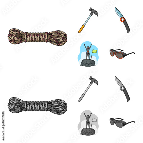 Climber on conquered top, coil of rope, knife, hammer.Mountaineering set collection icons in cartoon,monochrome style vector symbol stock illustration web.