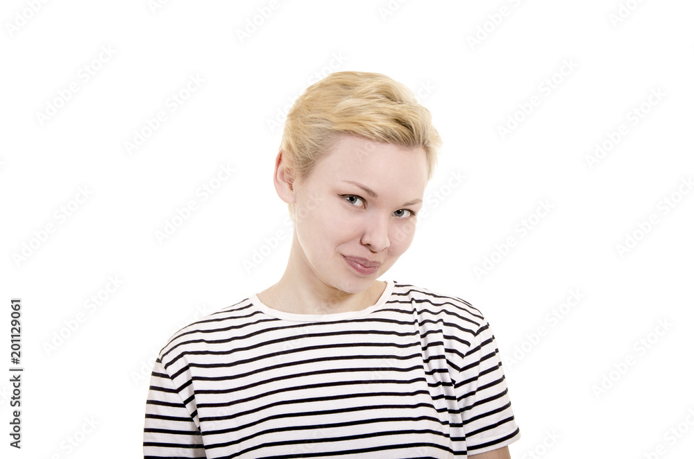 Young woman in striped tee shirt. Young woman in striped tee shirt.