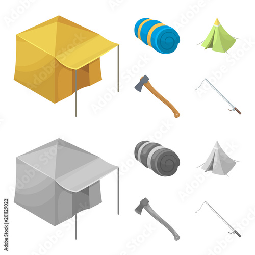 Tent with awning, ax and other accessories.Tent set collection icons in cartoon,monochrome style vector symbol stock illustration web.
