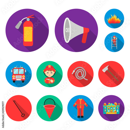 Fire Department flat icons in set collection for design. Firefighters and equipment vector symbol stock web illustration. photo