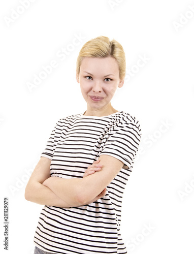 Young woman in striped tee shirt.