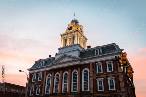 a view of the old courthouse in Indiana PA at sunset