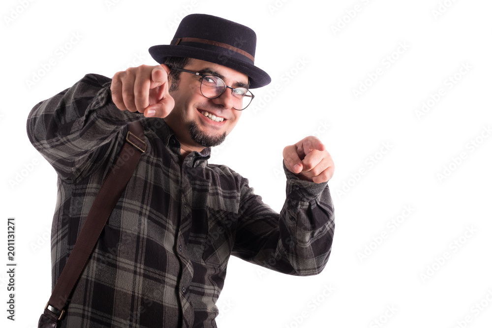 Man with Eyeglasses and Hat Pointing at the Camera Man with Eyeglasses and Hat Pointing at the Camera