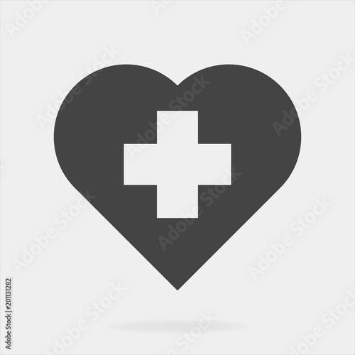 Vector icon of the cross in the heart on a gray background. Vector illustration of medicine on health care