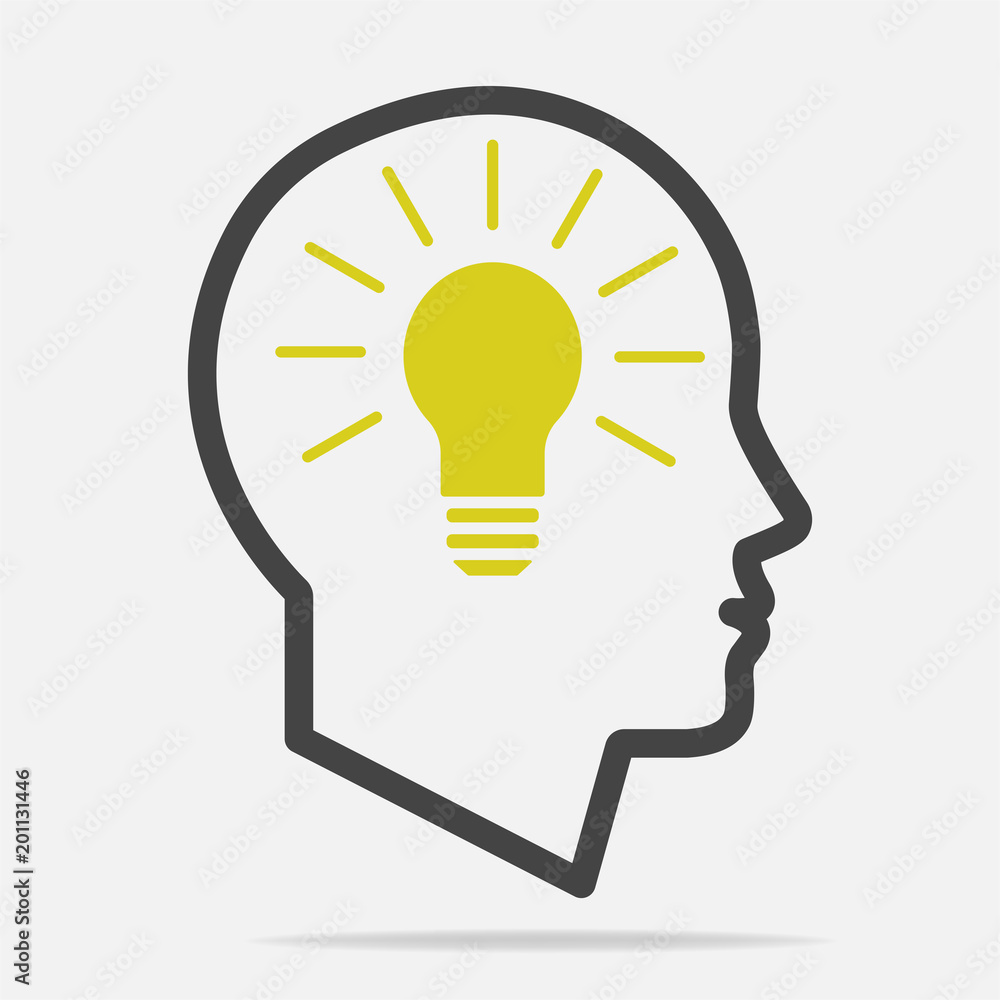 Vector icon of a man's head with an idea. A man thinks on a gray background.