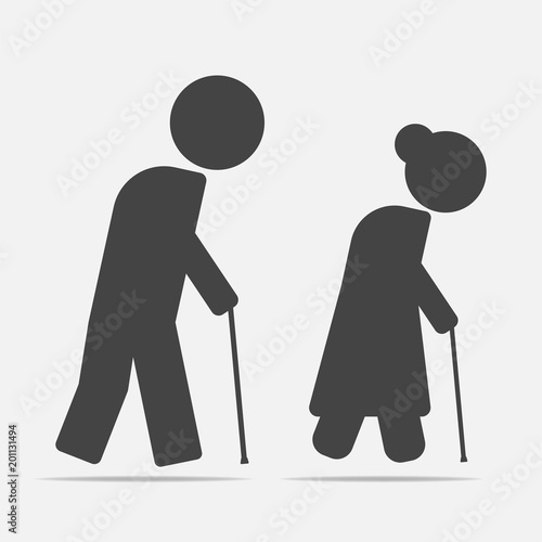 Vector icon of pensioners. Elderly people with a cane on a gray background