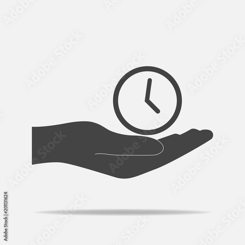 Vector icon of a hand holding a clock. Flat hand design and watch.