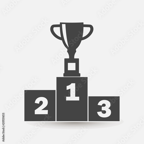 Vector  illustration of a winner's podium with a cup standing in the first place. The winner's cup and the winner's podium with the first and third places.