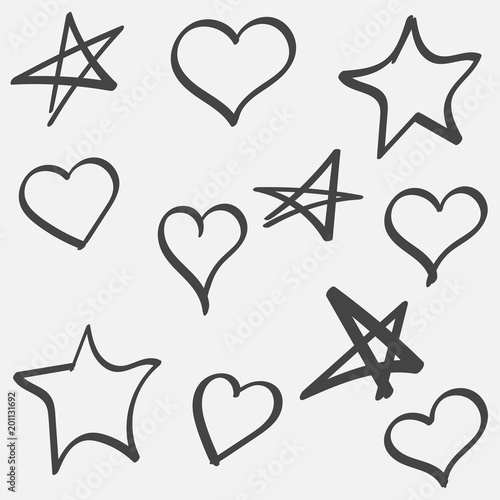 Vector set of stars and hearts hand drawn . Collection of sketches of multicolored hearts, circles and stars on gray background