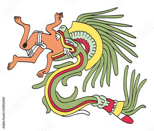 Quetzalcoatl in feathered serpent form, eating a man. God of Wind and Wisdom. Deity as depicted in an Aztec manuscript painting from the sixteenth century. Illustration on white background. Vector. photo