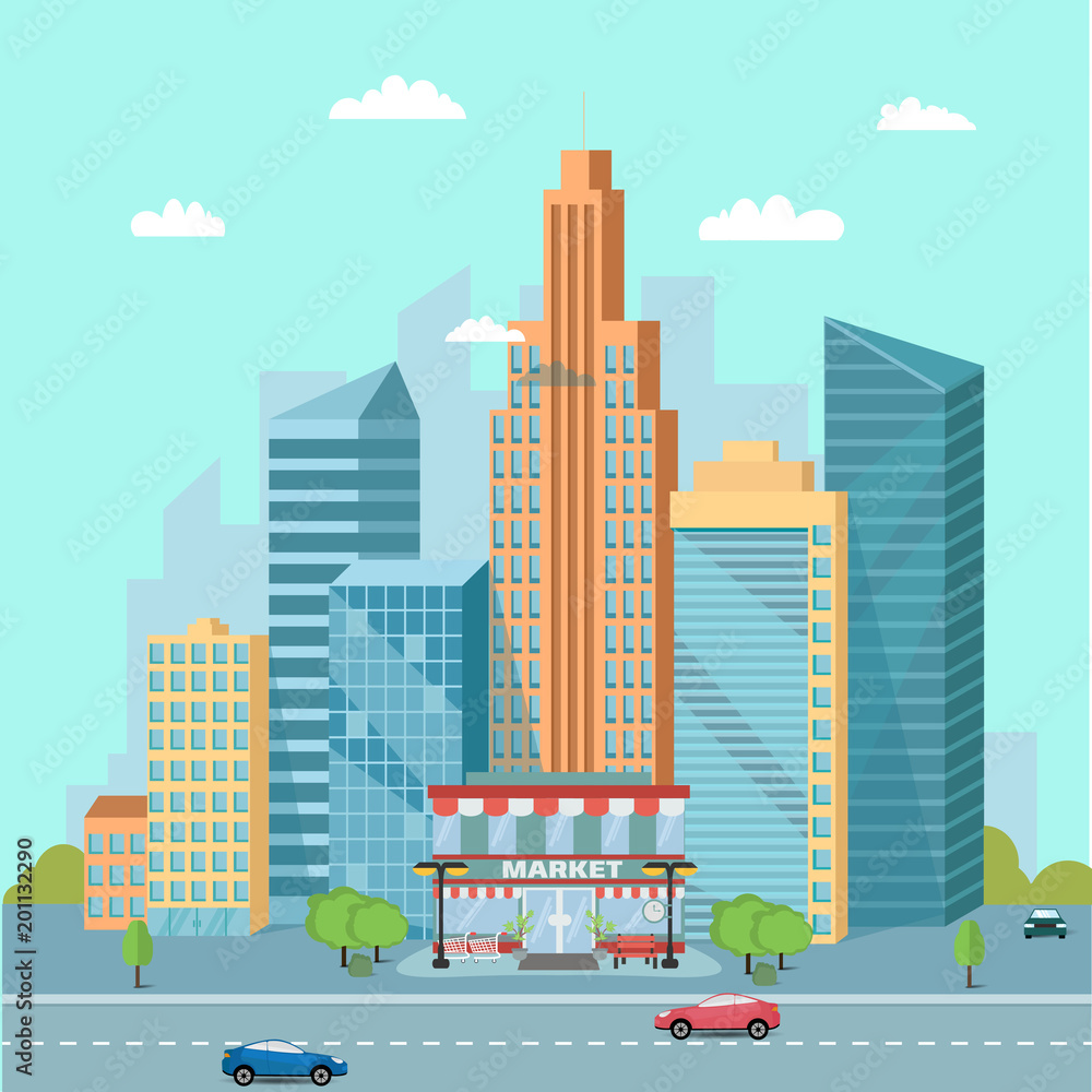Urban landscape with market places, skyscrapers and city buildings near the freeway - roads with car trafic. Vector illustration