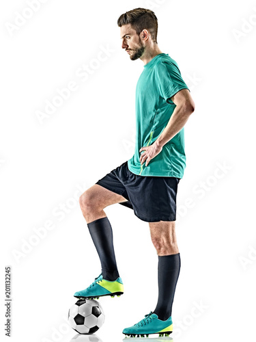 one caucasian soccer player man standing with football isolated on white background