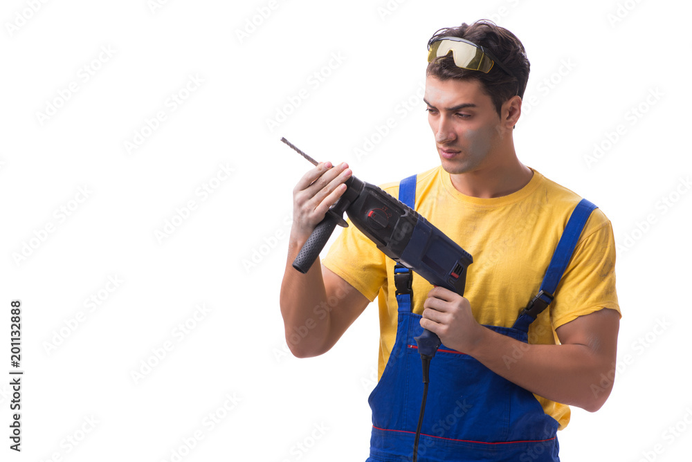 Contractor employee with hand power drill on white background Contractor employee with hand power drill on white background