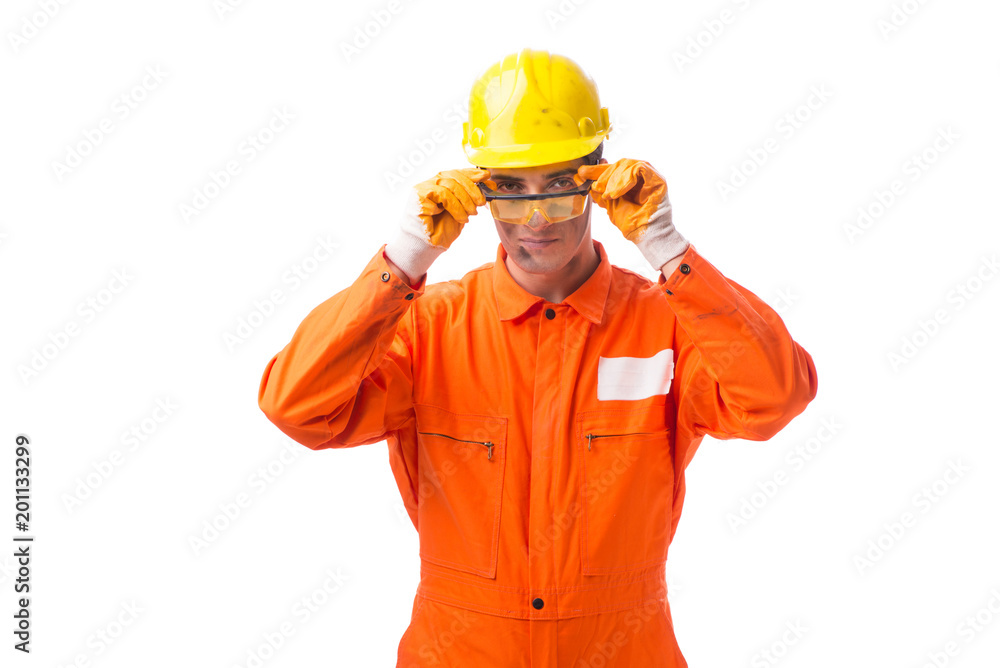 Contractor employee wearing coveralls isolated on white Contractor employee wearing coveralls isolated on white
