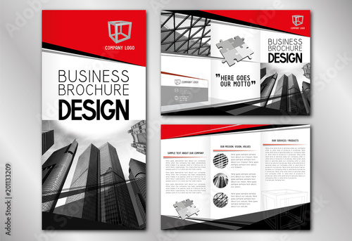 Business trifold brochure template  A4 to DL format  - modern office buildings  skyscrapers  red graphics.