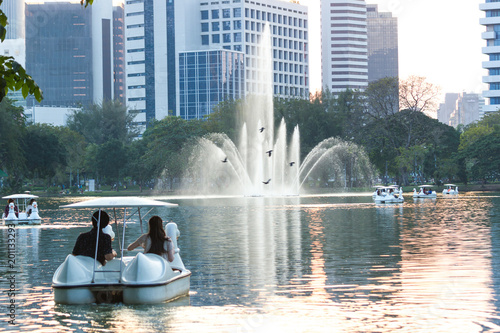 Canvas Print Blurred image - Bangkok Thailand: January 28, 2018:- People relax on a boat in a city park  in Lumpini Park Bangkok Thailand