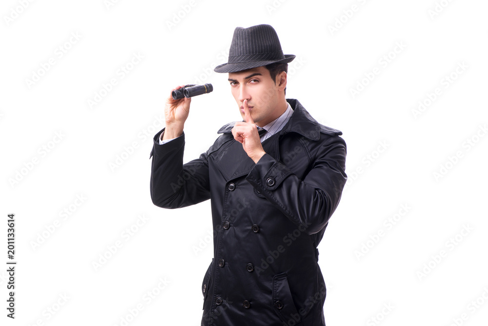 Spy with binoculars isolated on white background Spy with binoculars isolated on white background