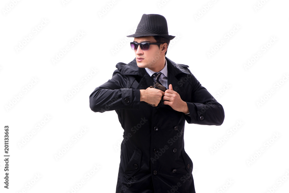Man spy with handgun isolated on white background Man spy with handgun isolated on white background