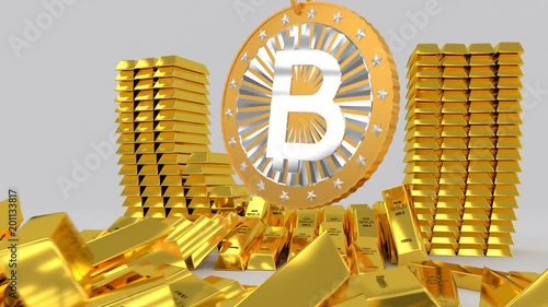 tearing down a wall made of gold bars by a bitcoin hanging on the chain, 3d rendering