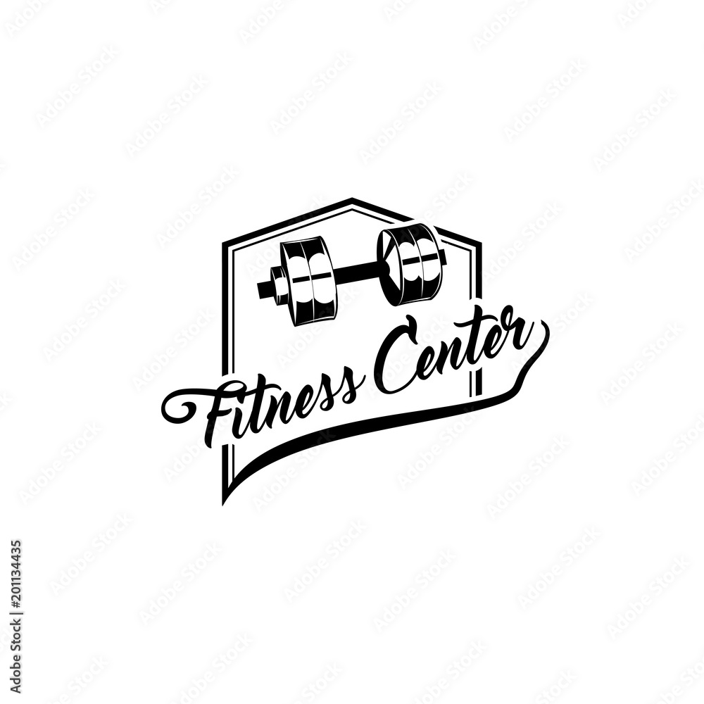 Gym Dumbbell. Fitness center emblem label logo. Sports dumbbell. Barbell icon. Sport badge. Vector. Gym Dumbbell. Fitness center emblem label logo. Sports dumbbell. Barbell icon. Sport badge. Vector.