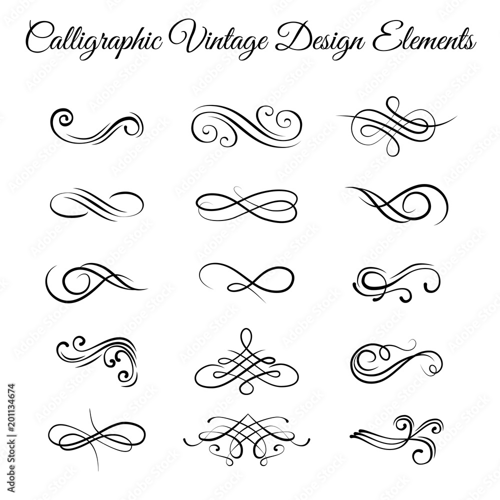 Swirly line curl scroll elements set. Flourish vintage embellishments