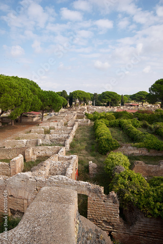 Vertical panorama over the walls of Ostia Antica, Italy