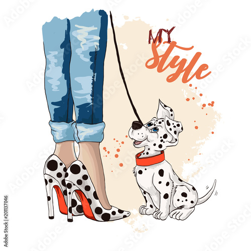 Beautiful women legs in fashionable high heel shoes. Stylish woman with a Dalmatian puppy. Shoes with stylish circle pattern. Conceptual solution shoes with the circles and close to the puppy's spots.