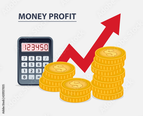 Money profit concept, coins calculator and growing arrow
