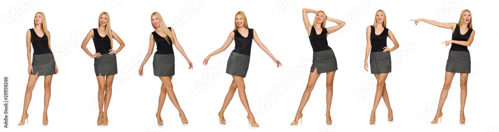 Fototapeta premium Blond hair model wearing gray skirt isolated on white