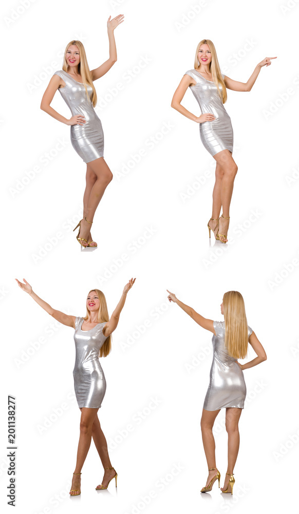 Fototapeta premium Young woman in silver dress isolated on white