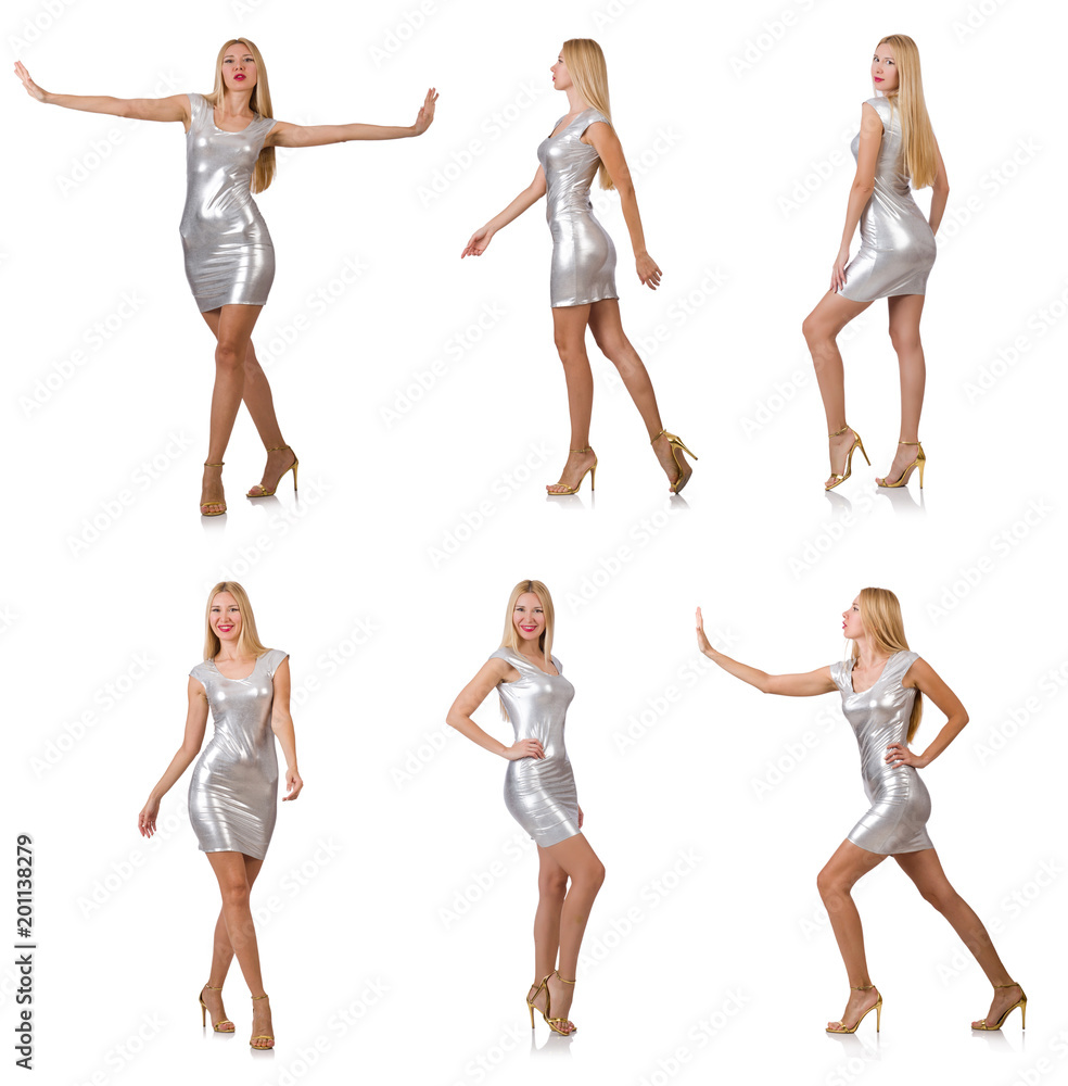 Fototapeta premium Young woman in silver dress isolated on white