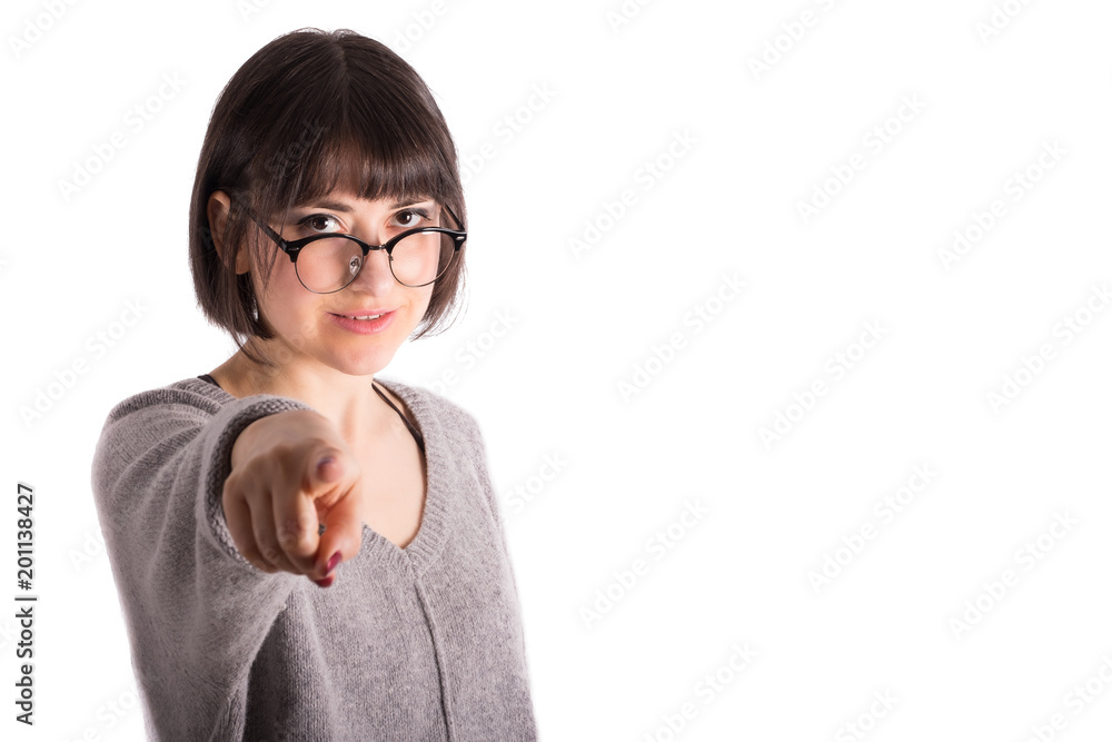 Young Woman Pointing Her Finger at the Camera in a Friendly Manner Young Woman Pointing Her Finger at the Camera in a Friendly Manner