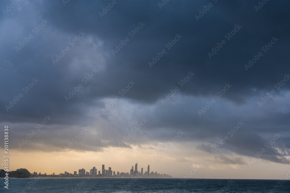 Stormy view of Surfers Paradise from Burleigh Heads on the Gold Coast, Australia.