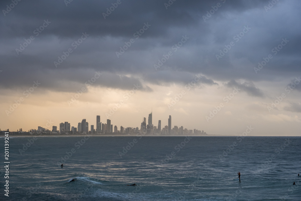 Stormy view of Surfers Paradise from Burleigh Heads on the Gold Coast, Australia.
