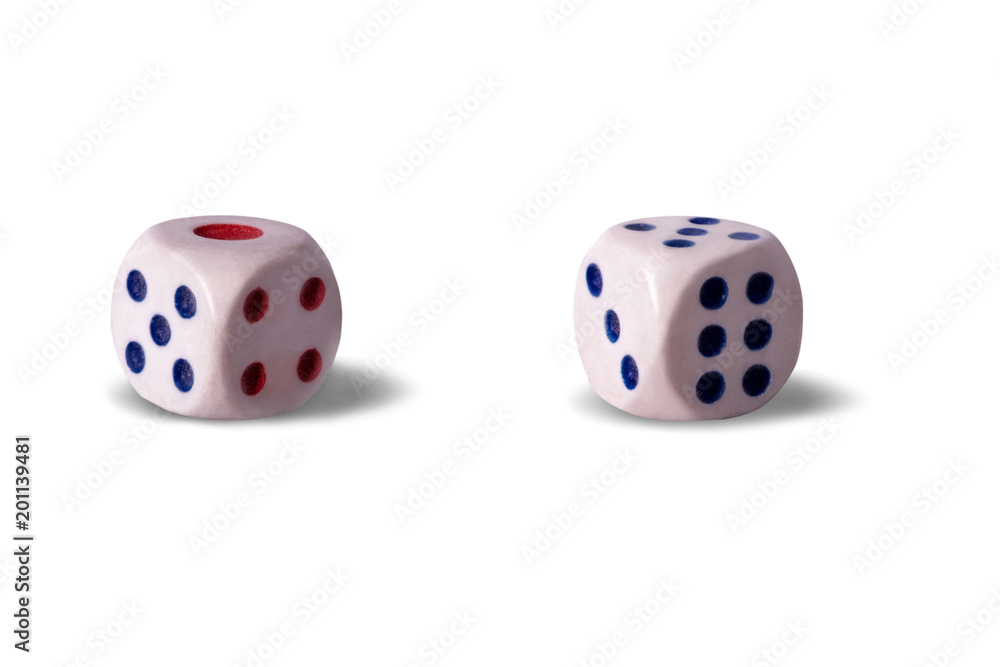 Couple of dice on white background, isolated, closeup. Couple of dice on white background, isolated, closeup.