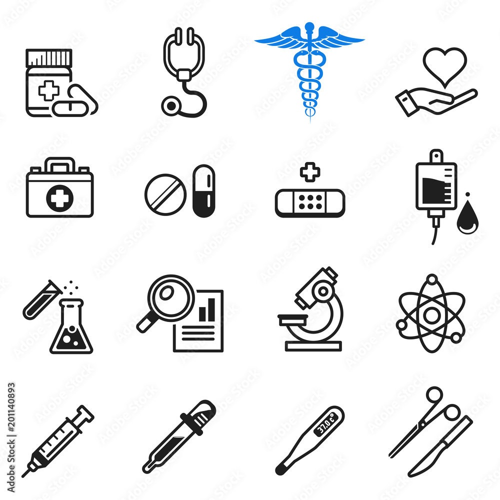 Basic icon clinic office or hospital. General treatment set. Symbols of medical organization. Basic icon clinic office or hospital. General treatment set. Symbols of medical organization.