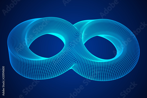Mobius strip ring infinity sacred geometry. Spatial figure with upturned surfaces. Optical illusion with dual circular contour. Wireframe low poly mesh vector illustration.