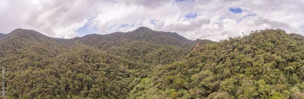 Aerial panorama of montane rainforest in the Cordillera del Condor on the border of Ecuador with Peru. This pristine mountain range is a site of exceptional plant and animal biodiversity.