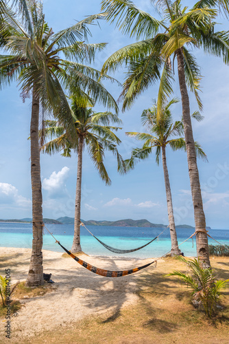 View of hammocks on tropical beach on the Banana island  Palawan  Philippines. Beautiful tropical island with sand beach  palm trees. Travel concept