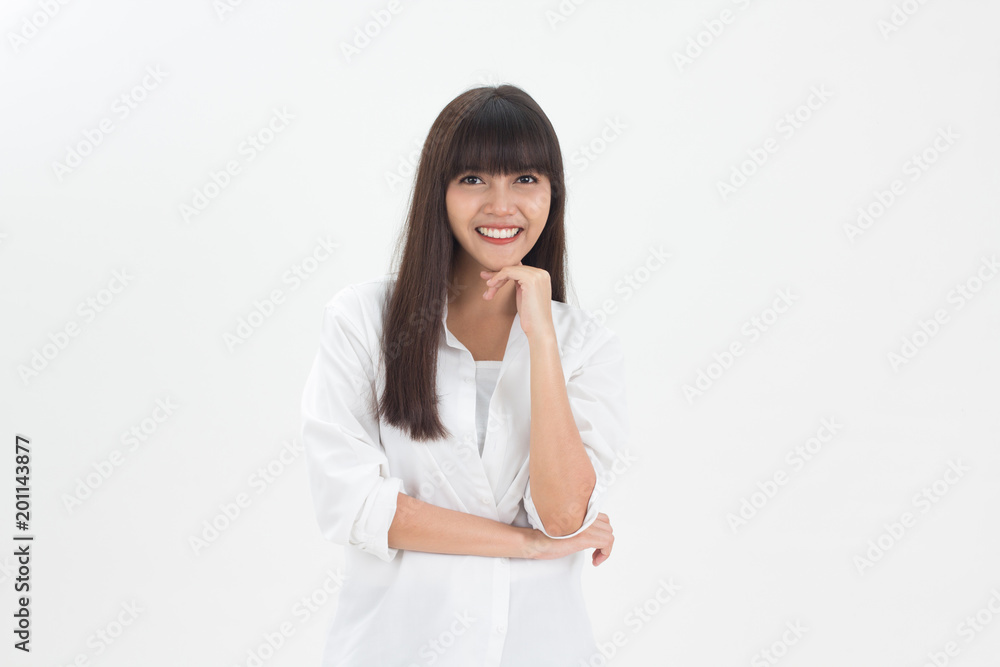 .Cute and smart young Thai girl smiling and put white shirt in relax lifestyle isolates on white background .Cute and smart young Thai girl smiling and put white shirt in relax lifestyle isolates on white background
